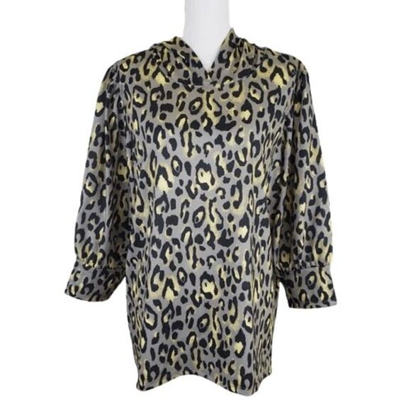 Cato Grey Top Animal Print Hooded Tunic Elastic Asymmetrical 3/4 Sleeves - Picture 1 of 9